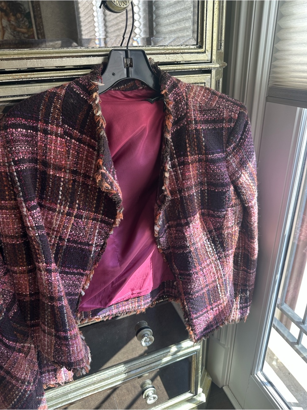 INC International Concepts Pink Plaid Tweed Blazer with Fuchsia Lining